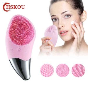 HSKOU Facial Cleansing Brush Ultrasonic Silicone Face Cleaner Deep Pore Cleaning Skin Massager Device220429