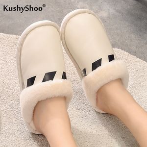 KushyShoo Slipper Winter Warme PU Haus Hausschuhe Drinnen Schlafzimmer Rutschfeste Schuhe Männer Paar Hausschuhe Pelz Slides Frau Y201026