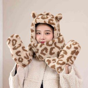 Leopard Korean Hoodie Hat Scarf Mitten Pocket Gloves Set in Plush Winter Warm Hat Earflap with Long Scarf for Women Girls T220805