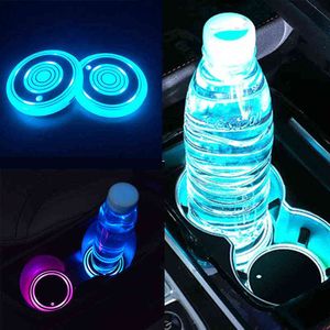 2Pc Led Car Cup Holder Bottom Pad LED Light Cover Trim Atmosphere Lamp Lights Tappetino antiscivolo Colorful Light Coaster Car light Y220708