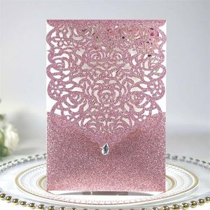 50PCSLOT Laser Cut Glitter Paper Invitations Diamond Design Anpassad gratulationskort Birthday Wedding Favor Decoration 220711