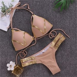 Atacado 2024 Swim Wear Bikini Gold-Carimbado Sexy Terno de Natação Três Pontos Explosivo Dividir Senhoras Costura Esportes Mulheres Elegantes Flexíveis