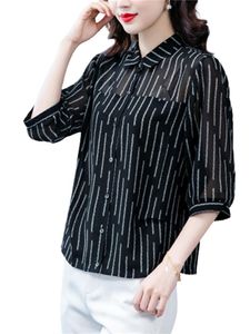 Women's Blouses & Shirts Women Spring Summer Lady Fashion Casual Half Sleeve Turn-down Collar Black Stripes Blusas Tops WY0459Women's