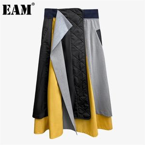 EAM Hohe Taille Unregelmäßige Spliced Kontrast Farbe Unregelmäßige Halfbody Rock Frauen Mode Frühling Herbst 1DA688 210306