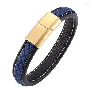 Charm Bracelets 2022 Men Braided Blue Leather Bracelet Handmade Gold Color Stainless Steel Magnetic Clasps Male Gifts BB02171 Inte22