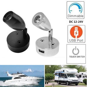 Vägglampa LED Touch Stepless Dimning RV med USB-gränssnittsbäddslampor för husbilar Spotlight Interiörbelysning DC 12-24VWALL