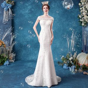 2022 Luxo sexy de luxo dubai sereia de sereia vestidos de noiva Alto pescoço ilusão de renda apliques cristal being plus size tulle formal com flores abertas