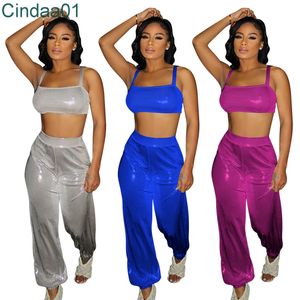 Womans Two Piece Pants Tracksuits Fashion Sexy Hot Gold Bright Color Suspender Top And Bloomers Sportwear