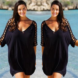 Plus Size Women V Neck Hollow Out Swimwear Beachwear Bikini Wear Cover Up Kaftan Ladies Summer Black Dresses 220524