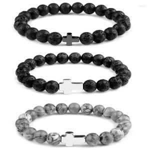 Fili di perline Bracciale in pietra naturale Acciaio inossidabile Ematite Croce Nera Mappa di lava Bracciali fatti a mano per uomo Regalo di gioielli di preghiera Fawn22