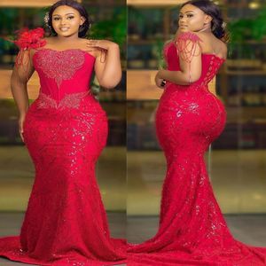 2022 Plus Size Arabo Aso Ebi Red Mermaid Sparkly Prom Dresses Pizzo Perline Sera Festa formale Secondo ricevimento Compleanno Abiti di fidanzamento Abito ZJ222