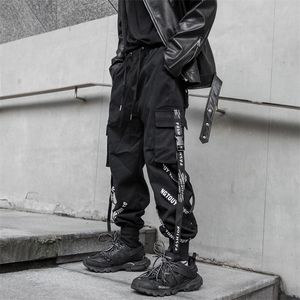 Calças masculinas Houzhou Black Cargo Joggers Troushers Para jogging de streetwear japonês Hip Hop hippie Techwear Gothic Ribbon 220826