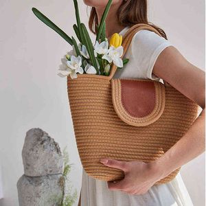 Abendtaschen Casual Strand für Frauen Klappe Stroh gewebte Schulter Solid Großer Korb Damen Sommer Shopper Handtaschen Mode Tote Ins 220428