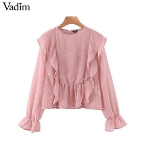 Kvinnor Sweet Chic Ruffles Pink Orange Blue O Neck Long Sleeve Office Wear Shirt Female Stylish Tops Blusa LB610 T200322