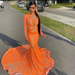 Sexy African Black Girls Mermaid Prom Dresses For Long Sleeves Women Orange Evening Gowns Custom Made Party Wear