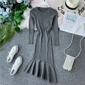 Casual Dresses YornMona Fashion Beading Designer Elegant Dress 2022 Vintage Women Autumn Mermaid Knitted Winter Midi Party