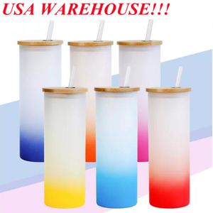 local warehouse sublimation gradient straight glass tumbler with bamboo lid 25oz glass can glass tumbler reusable straw beer Can multi color Soda Can drinking cups