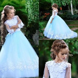 Ny Lovely Sky Blue White Lace Formal Party Dresses For Wedding Guest High Jewel Corst Back Flower Girl Dress med ärmar
