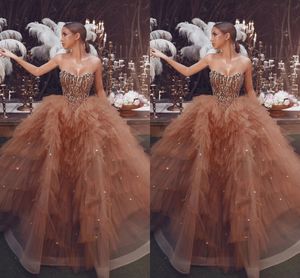 Bling Top Sequined A Line Champagne Evening Dresses 2020 Sweetheart Neck Sexy Tulle Long Ruffles Prom Gowns Special Occasion Gowns