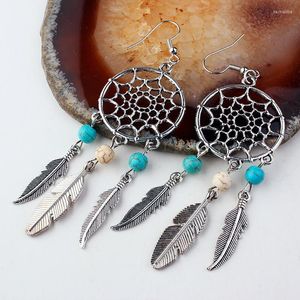 Gothic Dream Catcher Earrings For Women Retro Green Stone Silver Color Feather Leaf Hanging Earings Wholesale Jewelry VGE125 Dangle & Chande