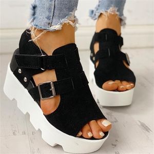 Sommer Sandalen Frauen Keile Ferse Schwarz Weiß Casual Designer Schuhe Schuhe Schnalle Strap Offene spitze Plattform Sandel Frauen Schuhe 210412