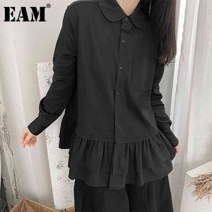 Kvinnor Black Pocket Ruffles Big Size Blue Lapel Long Sleeve Loose Shirt Fashion Spring Autumn 1DD6132 210512