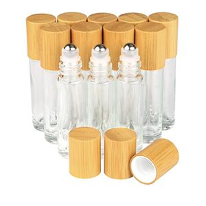 Glas Essential Oil Roller Flaskor med rostfria rullebollar Bambu lockfyllningsbara klara parfymprovflaskor