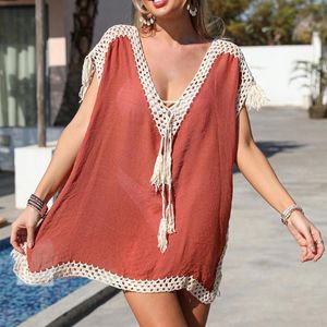 Women's Swimwear Bikini Cover Up Bandage Tassel Hollow Out See Through Ladies Temperament Sun Protection Dress Swimsuit Cover-Ups For Vacati