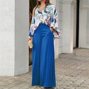 Vintage Boho Print Shirt Wide Leg Pants Two Piece Set Women Summer Casual Loose Suits Work Streetwear Y2k Outfits 220620