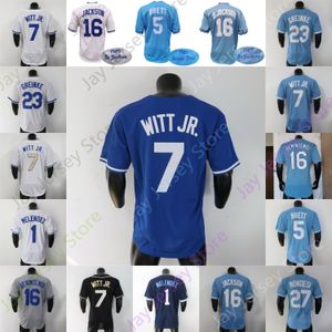 MJ Melendez Jersey George Brett 1985 1987 1989 Cooperstown Bobby Witt Jr. Andrew Benintendi Zack Greinke Adalberto Mondesi Cinza Branco Preto Bebê Azul Jogador