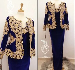 Vintage Royal Blue Velvet Balo Uzun Kollu Ceketli Resmi Elbiseler 2022 Altın Dantel Karakou Cezayir Kıyafet Akşam Fırsat Elbisesi