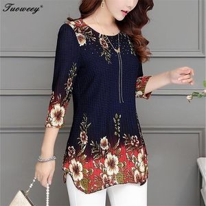 Moda nadchodząca Summer Three Quarter Slim Floral Long Shirt żeńska swobodna szczupła kolor plus elegancka bluzka z nadrukiem 210308