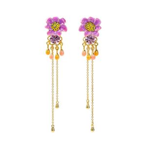 Dangle & Chandelier Romantic Elegant Purple Flower Tassel Earring For Women Sweet Party Lady Ear Clip Jewelry AccessoriesDangle