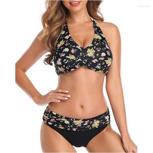 Women's Swimwear 2022 Summer Products Trendy Swimsuit Cross Fold Printed Tether Halter Triangle Split Bikini