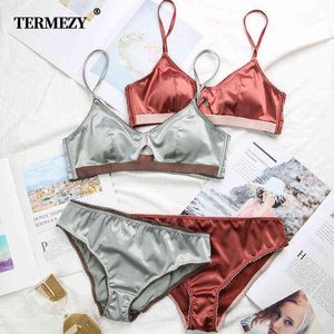 Termezy New Women Underwear Thread Free Satin Bra Thin 3/4 Cups Bra and Panty Set Hollow Lingerie Women Bralette L220727