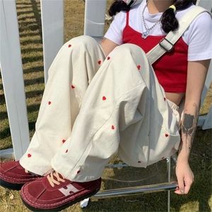 HOUZHOU Korean Style Women Sports Pants Cute Wide Leg Pants Fashion Love Print Jokers Trousers Female Harajuku Sweatpants Beige 211013