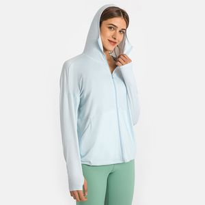 L185 Snabbtorkning av solskyddskläder Kvinnor Yoga Coat Hoodie Solskyddsmedel Kläder Upf-klädsel som driver Rashguard Ice Silk Outdoor Sports Jacket Rash Guards