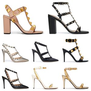 With Box Designer High Heels Dress Shoes Ankle Strap Roman Studs Black Nude Strip with Rivets Women's Stiletto Block Heel 60 80 100 MM Pointed Open Toe
