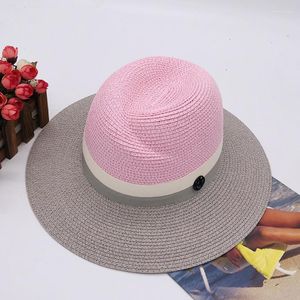 Wide Brim Hats High-end High-quality Ladies Wide-brimmed Jazz Hat Straw Pink Gray Stitching Sunscreen Casual Sunshade HatWide