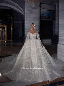 Wholesale garden tier resale online - Sparkly Sequined Crystal Beading Dubai Wedding Dress Ball Gown Illusion Long Sleeve Off The Shoulder Saudi Arabic Bridal Gown