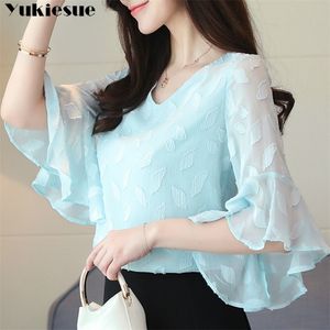 플레어 슬리브 짧은 슬리브 여성 셔츠 새로운 패션 여름 여름 탑 한국 주름 무리 쉬폰 블라우스 캐주얼 의류 블루사 플러스 크기 210412