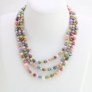 Hand knotted necklace natural 7-8mm multicolor baroque freshwater pearl sweater chain 3 rows 17-19inch