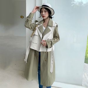 LANMREM WOMENS AUTUTURE DOUBLESBREASTED REMOVABLE BEST COLOR BLOCK PATCHWORK PU LEATHER TRENCH COAT MIDLENGTH JACKETS 201030