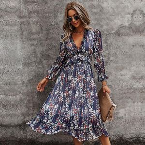 Casual Dresses Sexy V Neck Floral Dress Ladies 2022 Butterfly Sleeve High Waist Print For Women Summer Chiffon