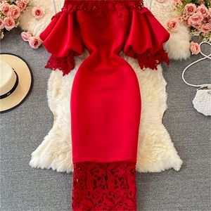 Sexy Hollow Out Lace Bodycon Long Dress Women Elegant Red/Pink/White Off Shoulder Patchwork Maxi Party Vestidos Autumn 220406