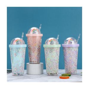 550ml Nowy Kreatywny Rainbow Plastikowy Puchar Moda Duża Pojemność Mori Podwójna Warstwa Kolor Pearl Water Cup W3