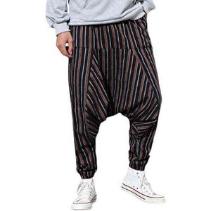 Män randiga byxor 2022 Summer Drop Crotch Loose Vintage Boho Trousers Man Cotton Harem Pants Hip Hop Streetwear Wide Leg Pants L220706