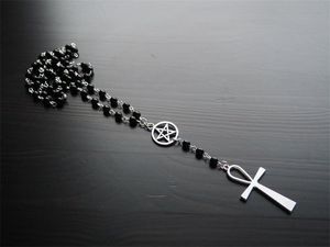 Anhänger Halsketten Ankh und Pentagramm Rosenkranz Halskette Wicca Pagan schwarze Perlen Charm Schmuck für Frauen Geschenk Mode einfachen SchmuckAnhänger