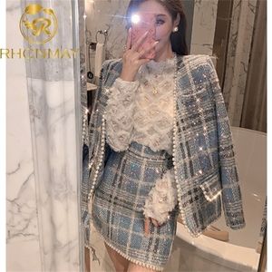 Blue French Small Fragrance Casat Womens Autumn Temperdent Celebrity Net Tweed Suit Skirt Duas peças Conjunto 220803