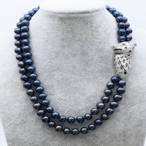 Collana da sposa classica annodata a mano 2 file di gioielli di moda con perle nere d'acqua dolce naturali da 8-9 mm da 18-19 pollici